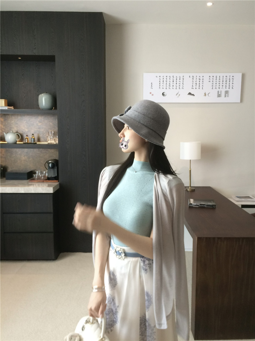 Real shot of blue and white porcelain print skirt for women high waist loose drape skirt vest cardigan suit