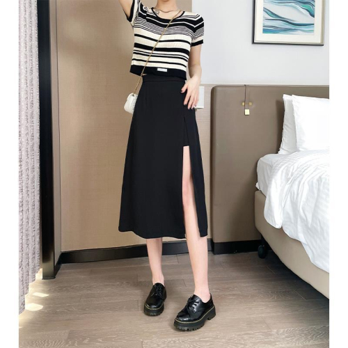 Suit skirt for girls plus size fat girl summer design high waist a line small side slit mid-length skirt