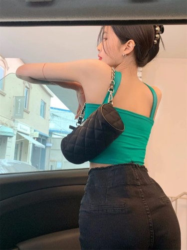 Green Hot Girl Pure Desire Sexy Short Halter Camisole Tube Top One Shoulder Knitted Top Women Summer Black