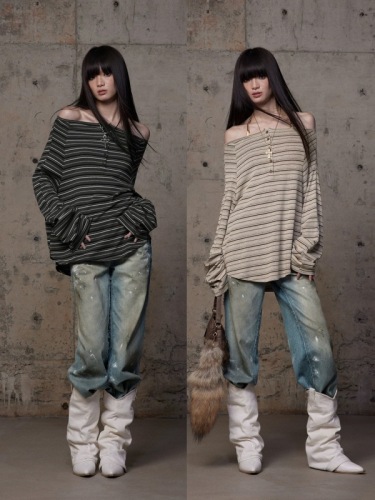 INSECTMODEL insect model autumn new striped off-shoulder long-sleeved slim loose T-shirt one-shoulder top for women