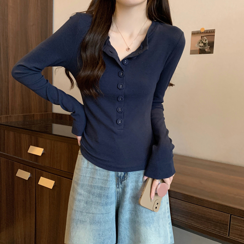 Real shot of high-end and western-style spring and autumn new style button design niche long-sleeved T-shirt slim fit top for women