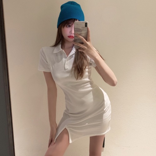 Hong Kong Style Vitality Beauty Pure Desire Skirt Female Summer Polo Collar Hip Cover Slim Slim Short Dress