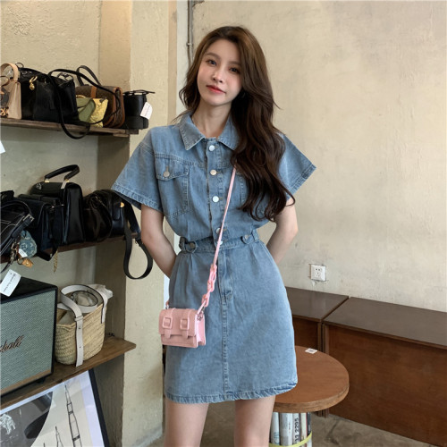 Summer new Hong Kong style Korean style fashionable waist slimming short-sleeved denim dress for women