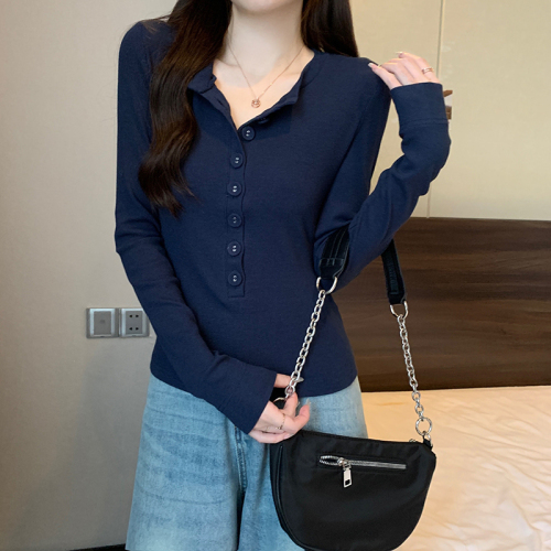 Real shot of high-end and western-style spring and autumn new style button design niche long-sleeved T-shirt slim fit top for women