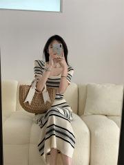 Hong Kong Style Square Neck Dress Women's Summer Casual Seaside Vacation Striped Long Skirt French Waist Retro Temperament Skirt