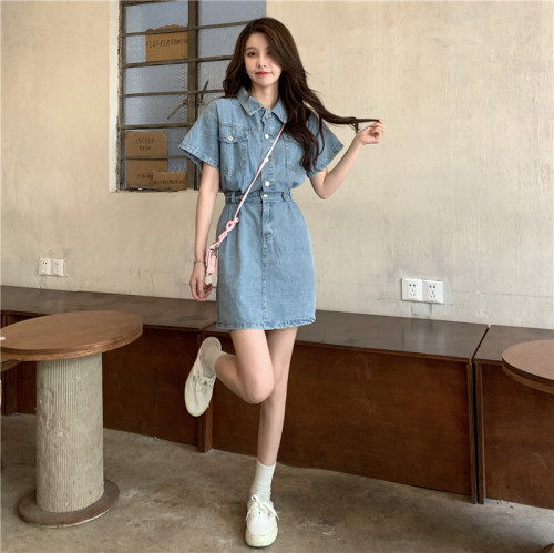 Summer new Hong Kong style Korean style fashionable waist slimming short-sleeved denim dress for women