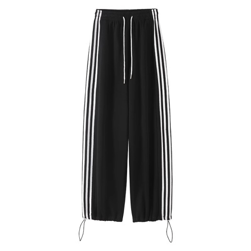 Korean Chic Black Striped Athletic Pants for Women Spring Autumn High-Waisted Loose Casual Straight Leg Wide Leg Shorts Slimmer Briefs