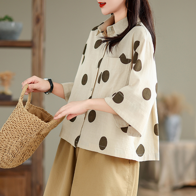 Shirt women's tops new summer casual loose Japanese Harajuku style short polka dot cotton and linen short sleeves