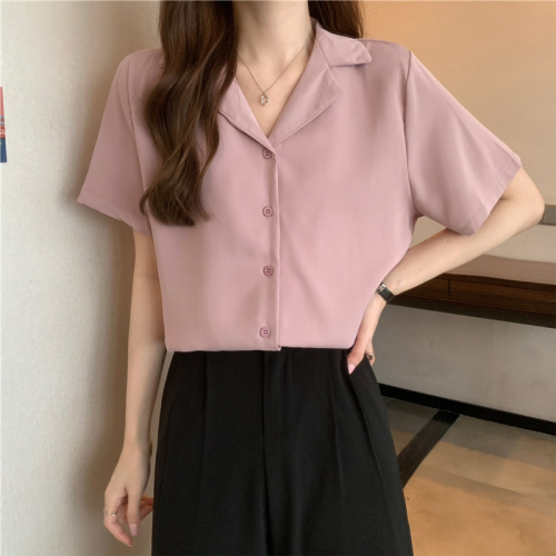 Summer new Korean style basic suit collar versatile solid color short-sleeved shirt tops for women