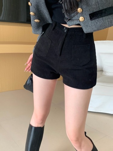 Real shot!  Black high-waisted shorts for women, autumn and winter outer wear for small people, leg-lengthening bottoming hot pants that cover the buttocks 2634