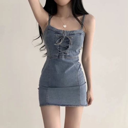 Waist slimming strappy denim dress