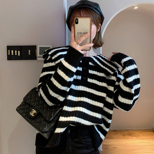 Korean autumn and winter striped loose and versatile navy style baby collar age-reducing large lapel wool sweater sweater