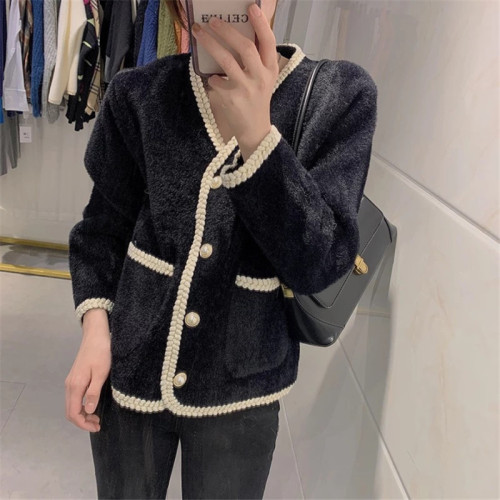 Korea Dongdaemun chic cardigan imitation mink V-neck cardigan loose lazy style jacket women's top