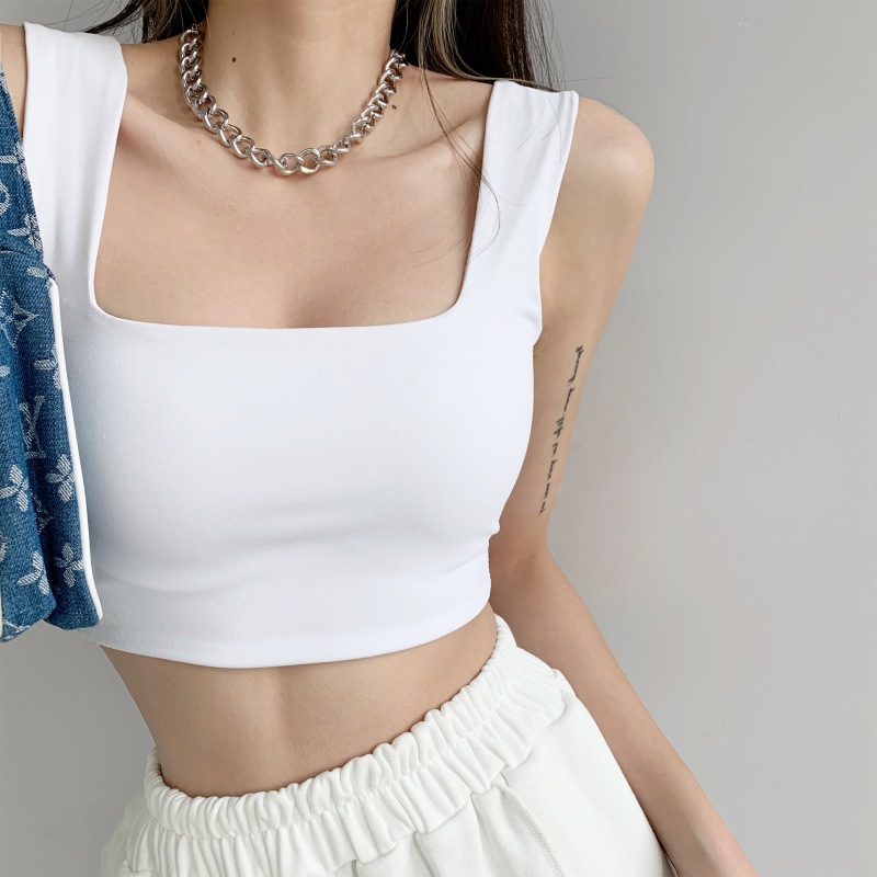 European and American INS street style square collar exposed collarbone camisole women's solid color wide shoulder strap bottoming shirt sports top
