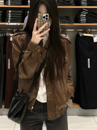 Real shot of imitation sheepskin retro brown PU leather jacket women's leather jacket jacket cool GIRL jacket