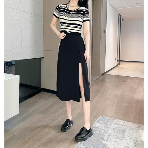 Suit skirt for girls plus size fat girl summer design high waist a line small side slit mid-length skirt