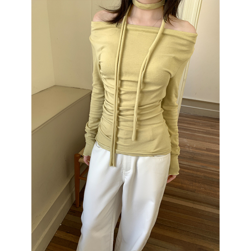 Real shot of sweet and cool girl one-shoulder long-sleeved T-shirt for women in early autumn slim-fitting bottoming shirt niche halter neck top