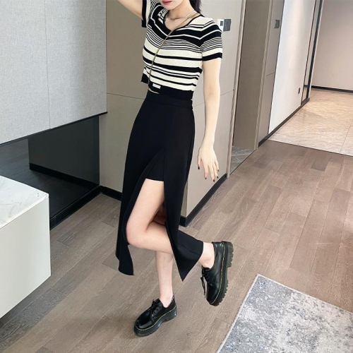 Suit skirt for girls plus size fat girl summer design high waist a line small side slit mid-length skirt