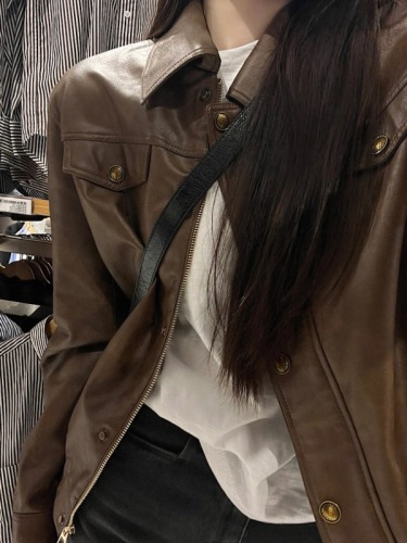 Real shot of imitation sheepskin retro brown PU leather jacket women's leather jacket jacket cool GIRL jacket