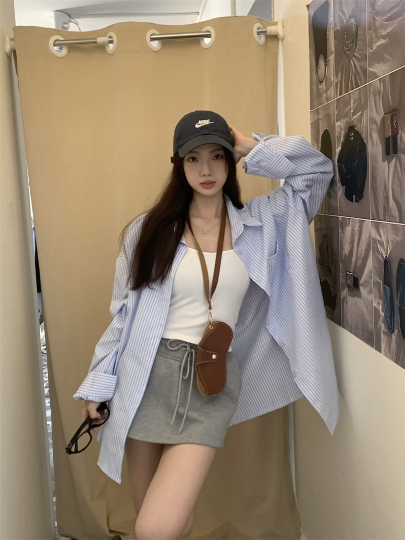 實拍~美式bm慵懶寬鬆條紋長袖襯衫寬鬆襯衣