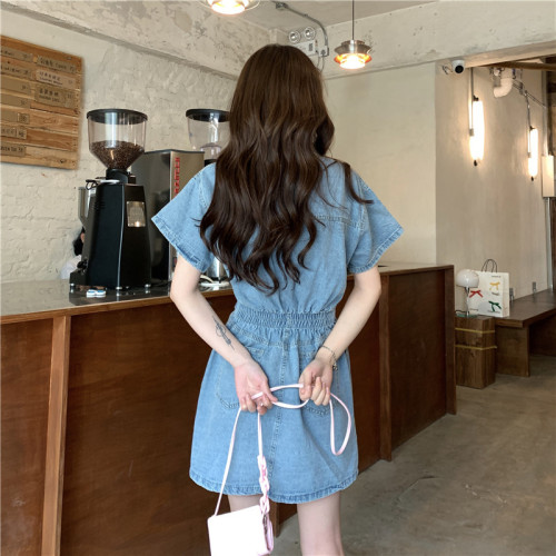 Summer new Hong Kong style Korean style fashionable waist slimming short-sleeved denim dress for women