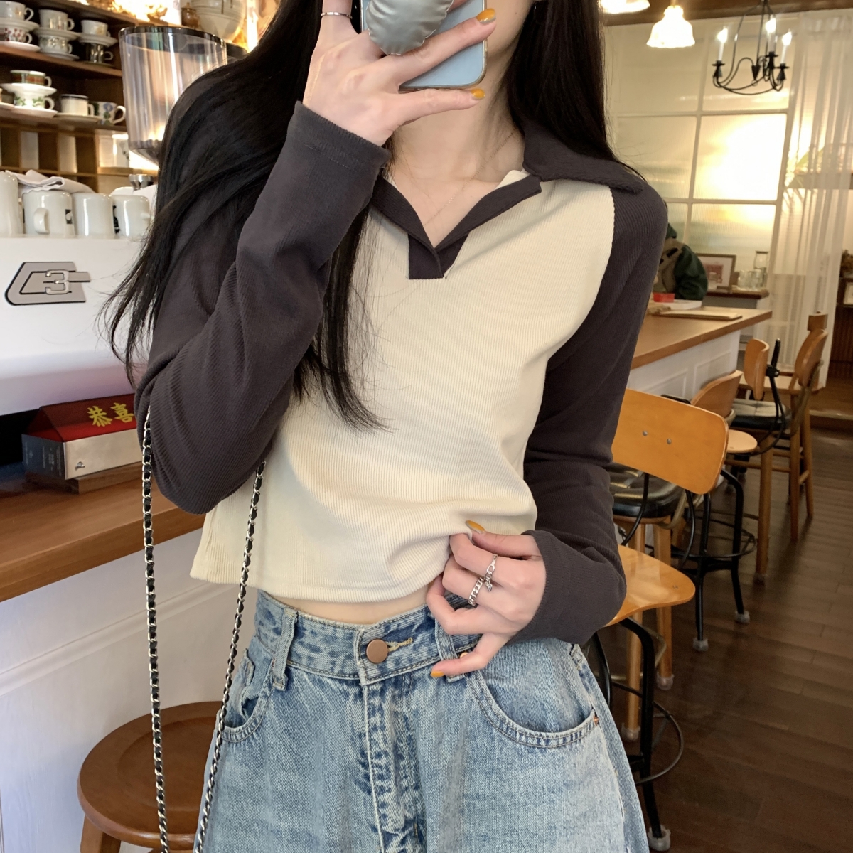 Real shot early autumn Korean version slim fit versatile polo collar shoulder-padded color blocking long-sleeved women's top T-shirt 
