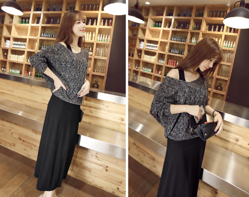 Plus size women's long sleeve knitted suit skirt Korean style slim two piece dress long skirt