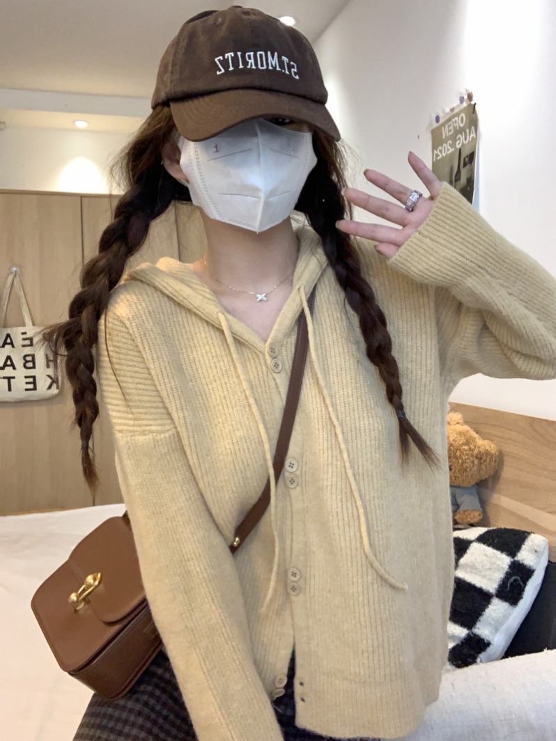 實拍 韓版連帽純色開衫毛衣慵懶風休閒開衫毛衣外套