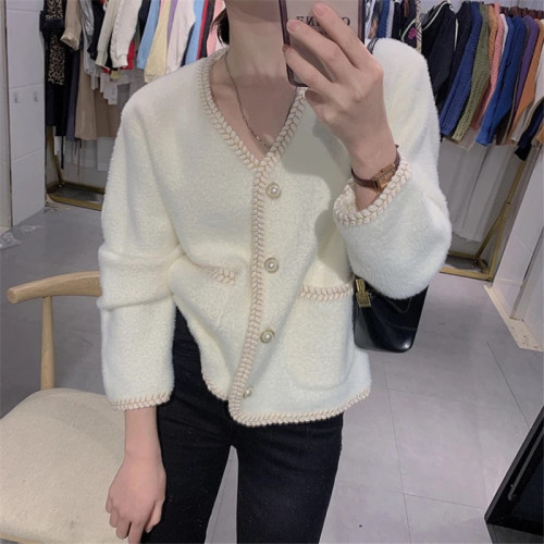 Korea Dongdaemun chic cardigan imitation mink V-neck cardigan loose lazy style jacket women's top