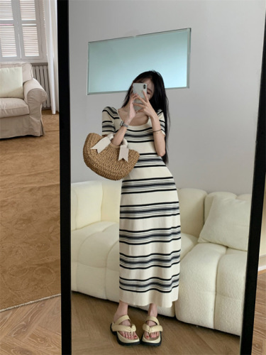 Hong Kong Style Square Neck Dress Women's Summer Casual Seaside Vacation Striped Long Skirt French Waist Retro Temperament Skirt