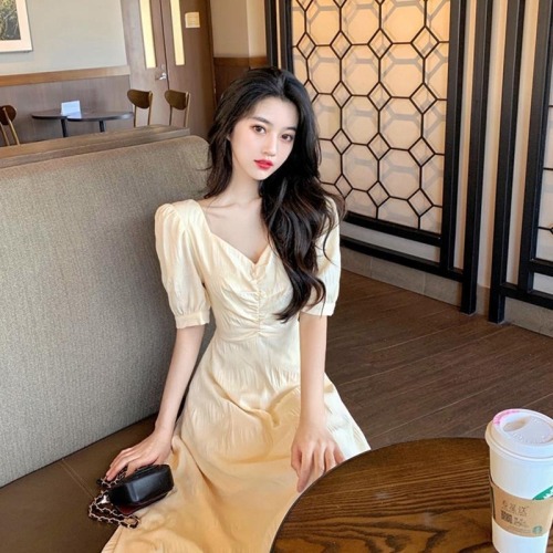 Lined French platycodon first love sweet little puff sleeve backless new dress women's summer wear