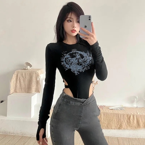 Hot Girl Hollow Jumpsuit Women's Long Sleeve T-Shirt