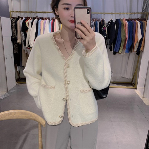 Korea Dongdaemun chic cardigan imitation mink V-neck cardigan loose lazy style jacket women's top