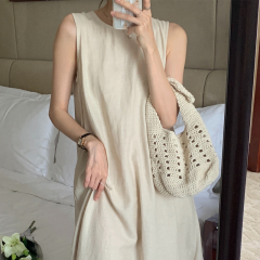 Retro Hepburn style, simple outing ~ linen sleeveless vest long dress 2 colors