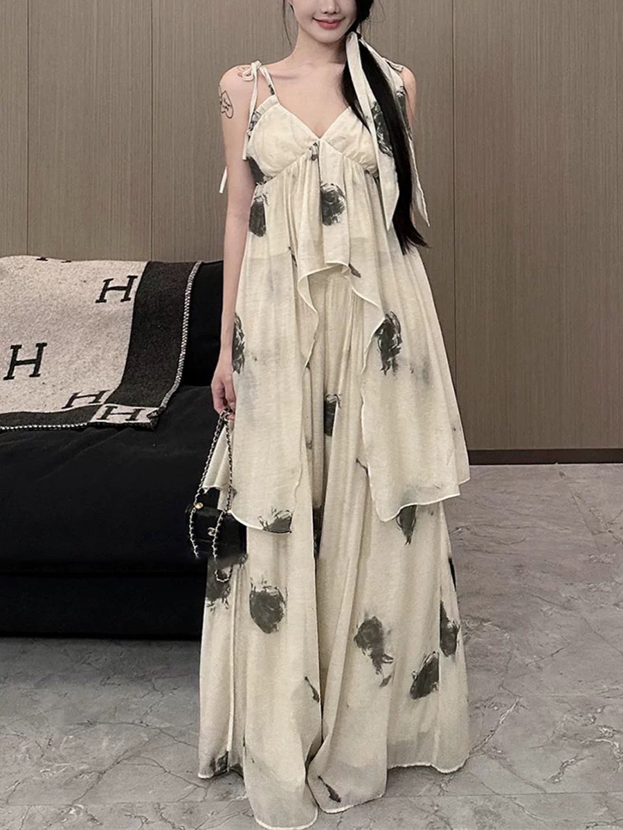 Ink printing new Chinese style suit for hot girls sexy v-neck irregular suspenders lazy high waist slimming wide leg pants