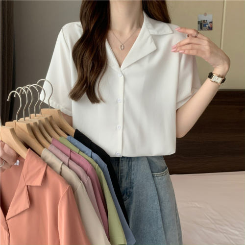 Summer new Korean style basic suit collar versatile solid color short-sleeved shirt tops for women