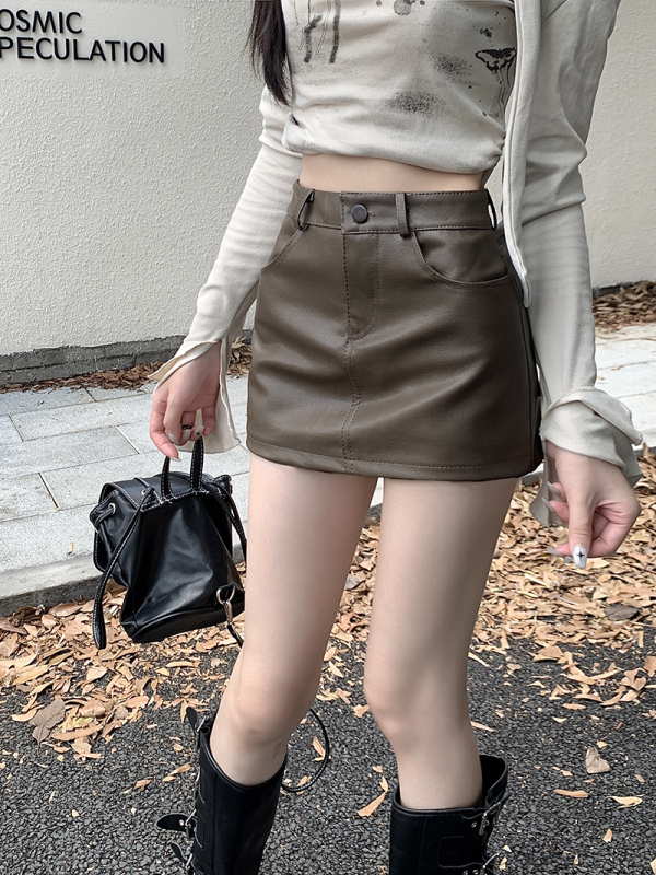 Black pu skirt hot girl miniskirt high waist textured a-line hip bag leather culottes for women