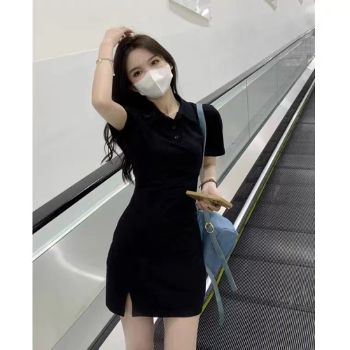 Black polo collar t-shirt dress for women summer new hot girl pure desire waist tight tight hip short skirt