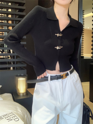 Actual shot ~ 2024 new knitted sweater for women, black autumn and winter short chic design top