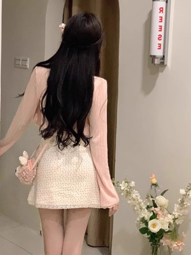 Sweet and Spicy Style Suit for Women Autumn Pure Desire Lace Floral Suspender Dress Temperament Short Knitted Cardigan Two Pieces