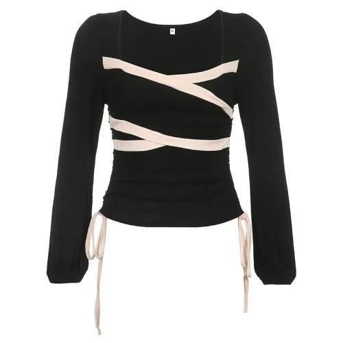 Contrast color cross chest drawstring tie square neck long sleeve T-shirt