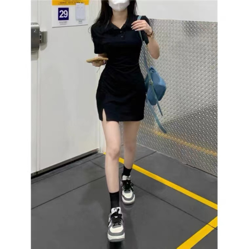 Black polo collar t-shirt dress for women summer new hot girl pure desire waist tight tight hip short skirt