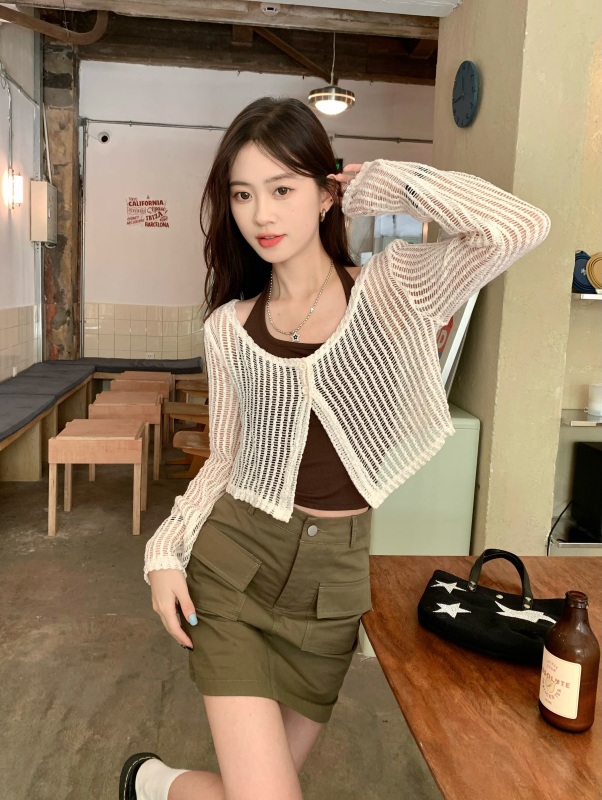 Suit Early Autumn Hollow Long Sleeve Top Halter Vest Small Hot Girl Slim Two-piece Set