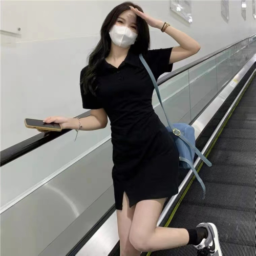 Black polo collar t-shirt dress for women summer new hot girl pure desire waist tight tight hip short skirt