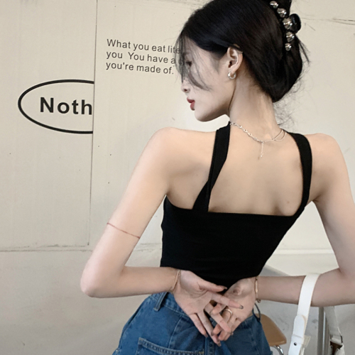 Green Hot Girl Pure Desire Sexy Short Halter Camisole Tube Top One Shoulder Knitted Top Women Summer Black