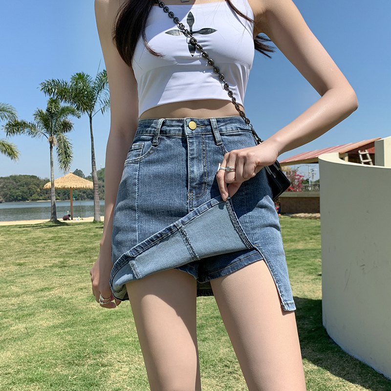 Summer new high waist slit hip skirt denim skirt a line anti-exposure
