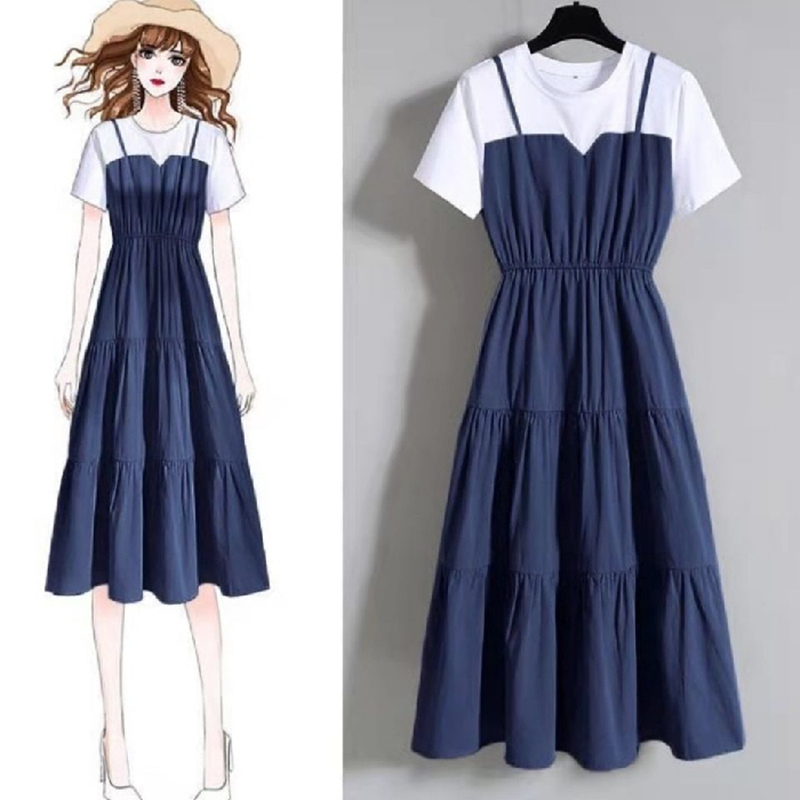 Chiffon fabric summer new round neck fake two-piece mid-length skirt lady short-sleeved dress women