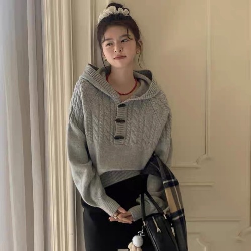 Korean horn button hooded sweater simple twist texture long-sleeved pullover knitted top for women winter