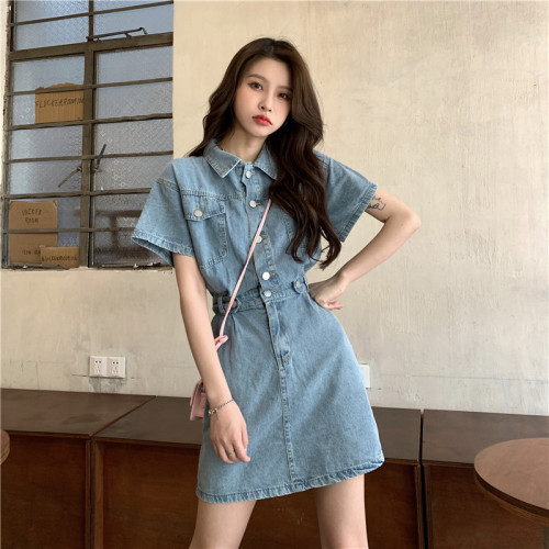 Summer new Hong Kong style Korean style fashionable waist slimming short-sleeved denim dress for women