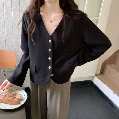 Actual shot of the new French retro style gentle gold buckle embellished solid color V-neck loose suit jacket